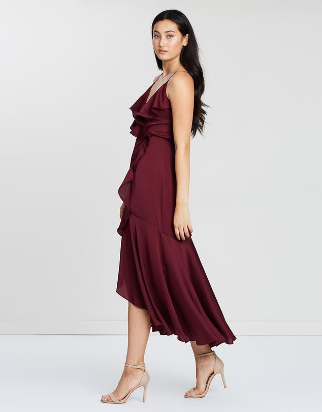 Luxe Bias Frill Wrap Dress - Garnet