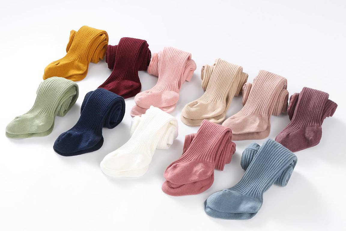 Classic Cotton Ribbed Tights - White & Beige