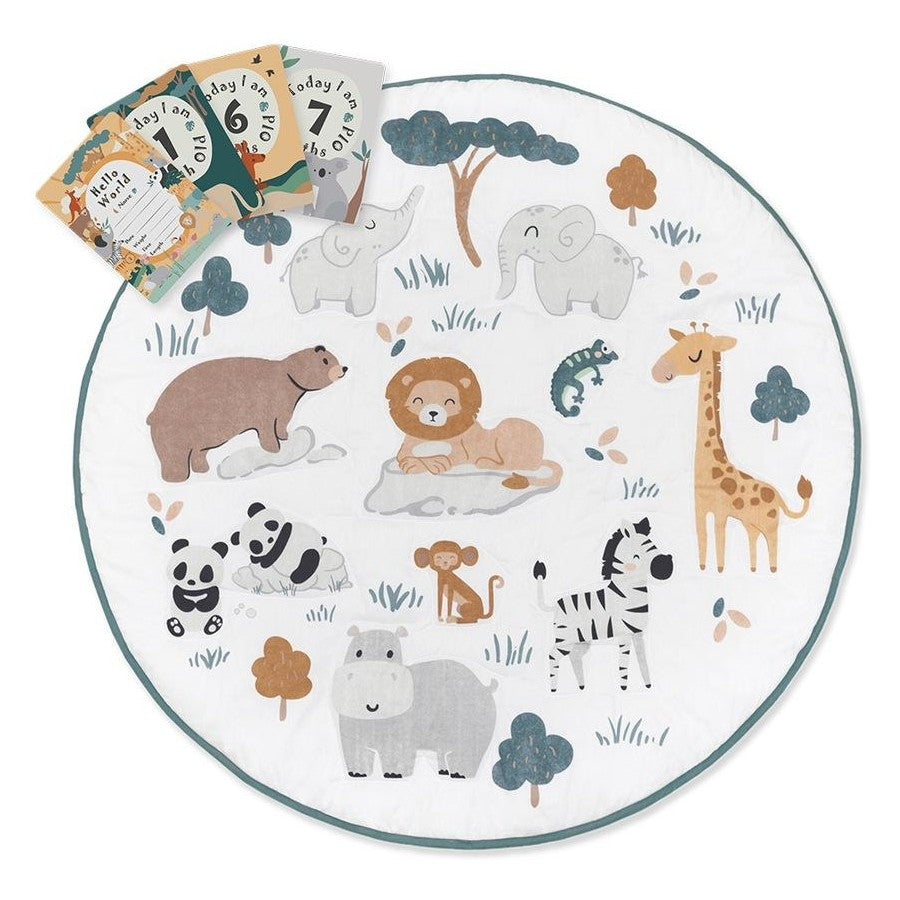 Play Indoor Mat Cotton Sateen With Milestone Cards - Day At The Zoo