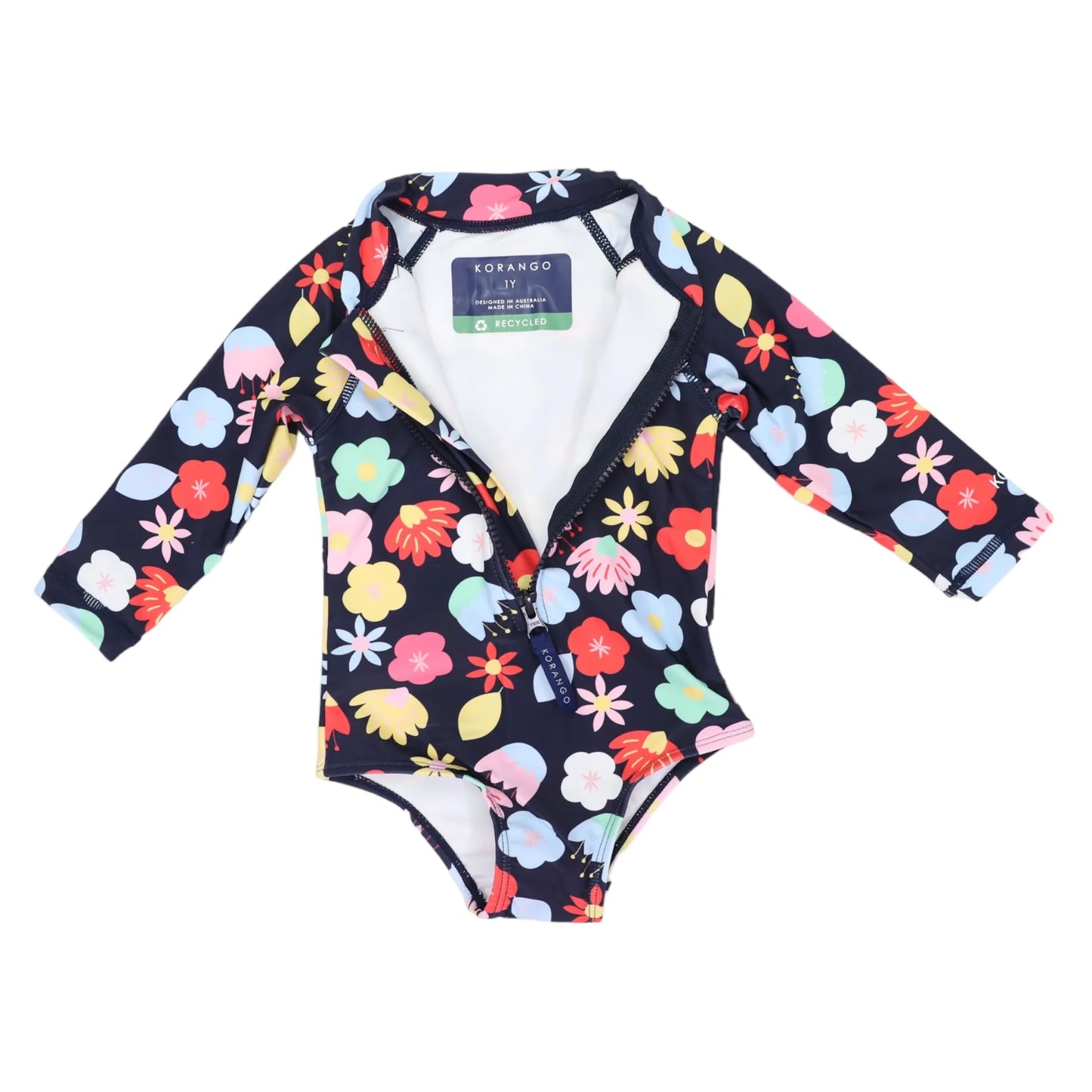 Flower Long Sleeve UPF50 Swimsuit - Navy 1Y