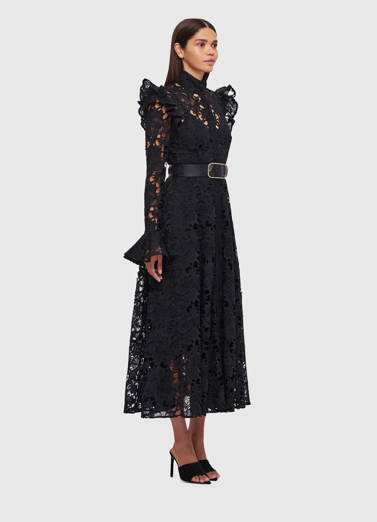 Aliyah Lace Butterfly Sleeve Midi Dress - Ebony