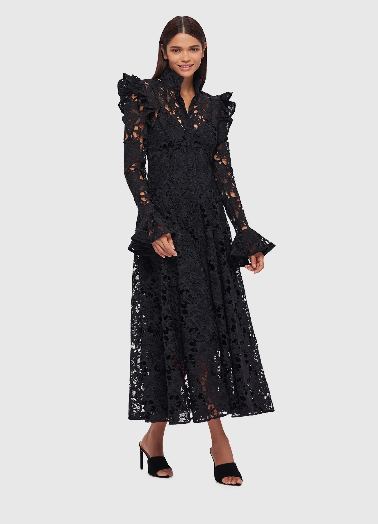 Aliyah Lace Butterfly Sleeve Midi Dress - Ebony