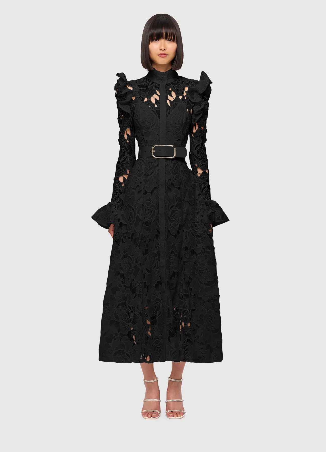 Aliyah Lace Butterfly Sleeve Midi Dress - Ebony