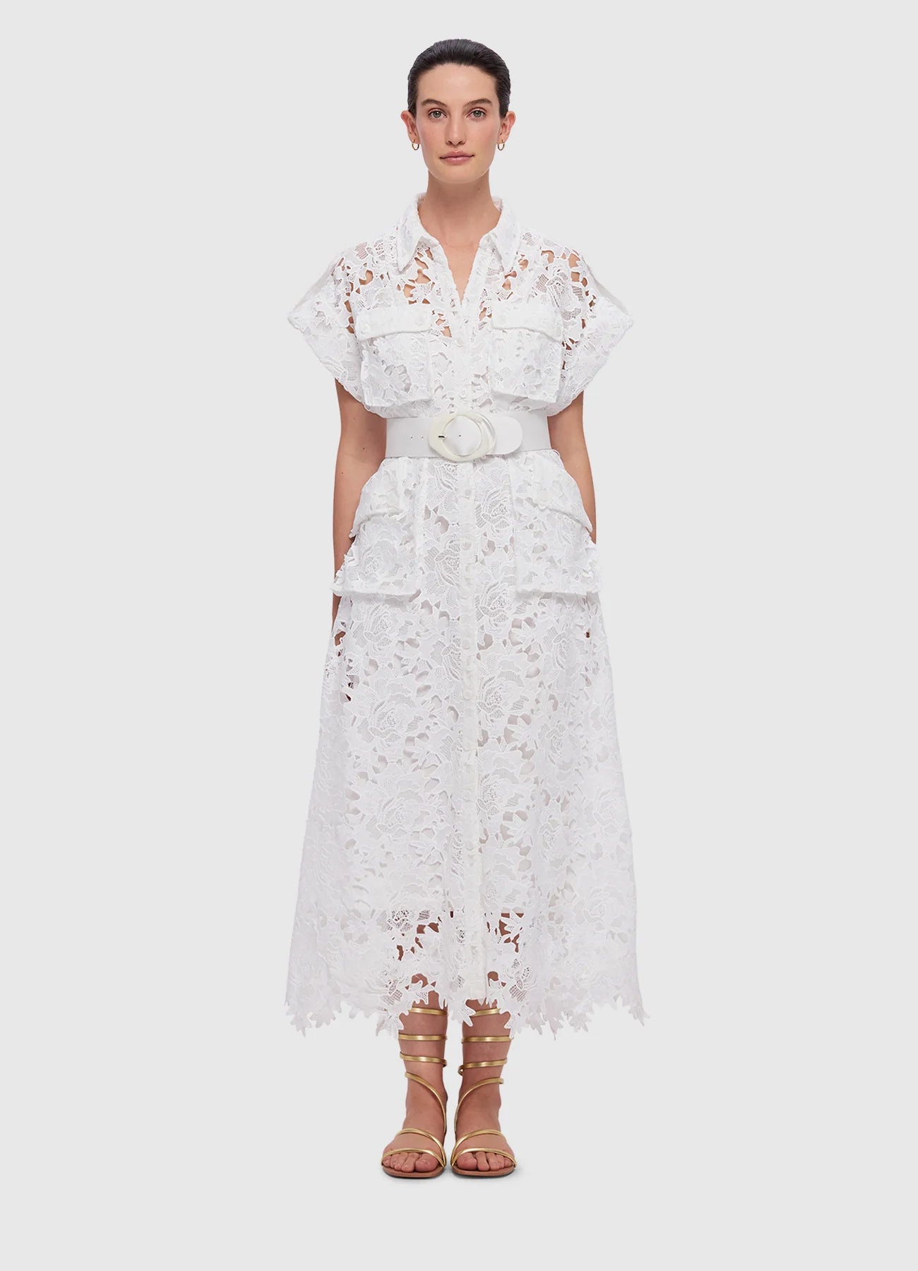 Audrey Lace Pocket Shirt Midi Dress - Snow