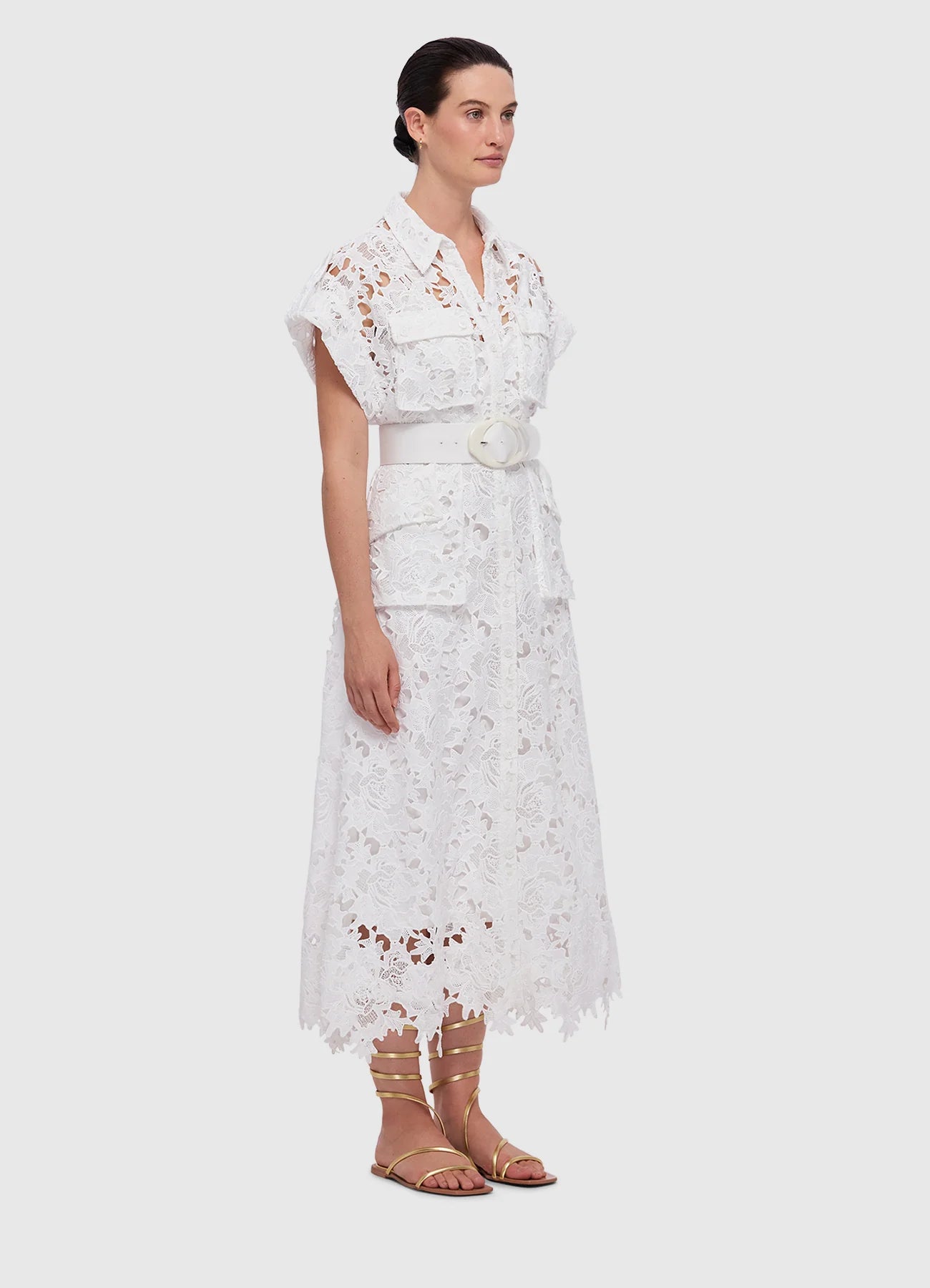 Audrey Lace Pocket Shirt Midi Dress - Snow