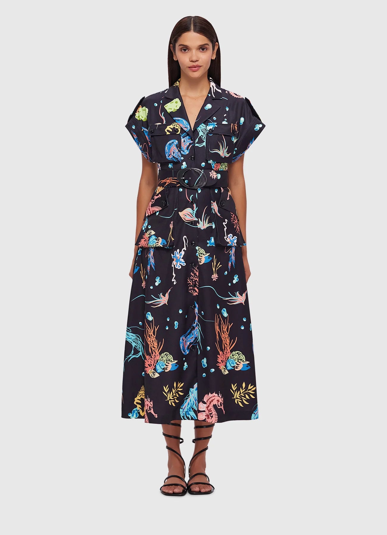 Audrey Pocket Shirt Midi Dress - Twilight Print In Black