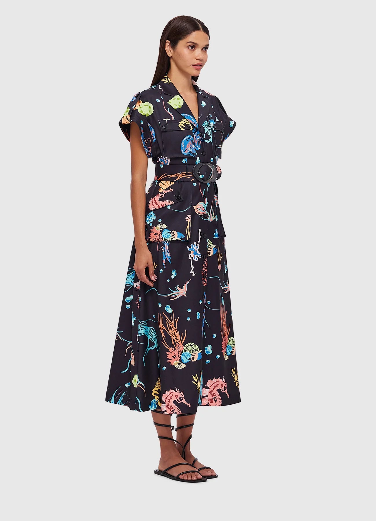 Audrey Pocket Shirt Midi Dress - Twilight Print In Black