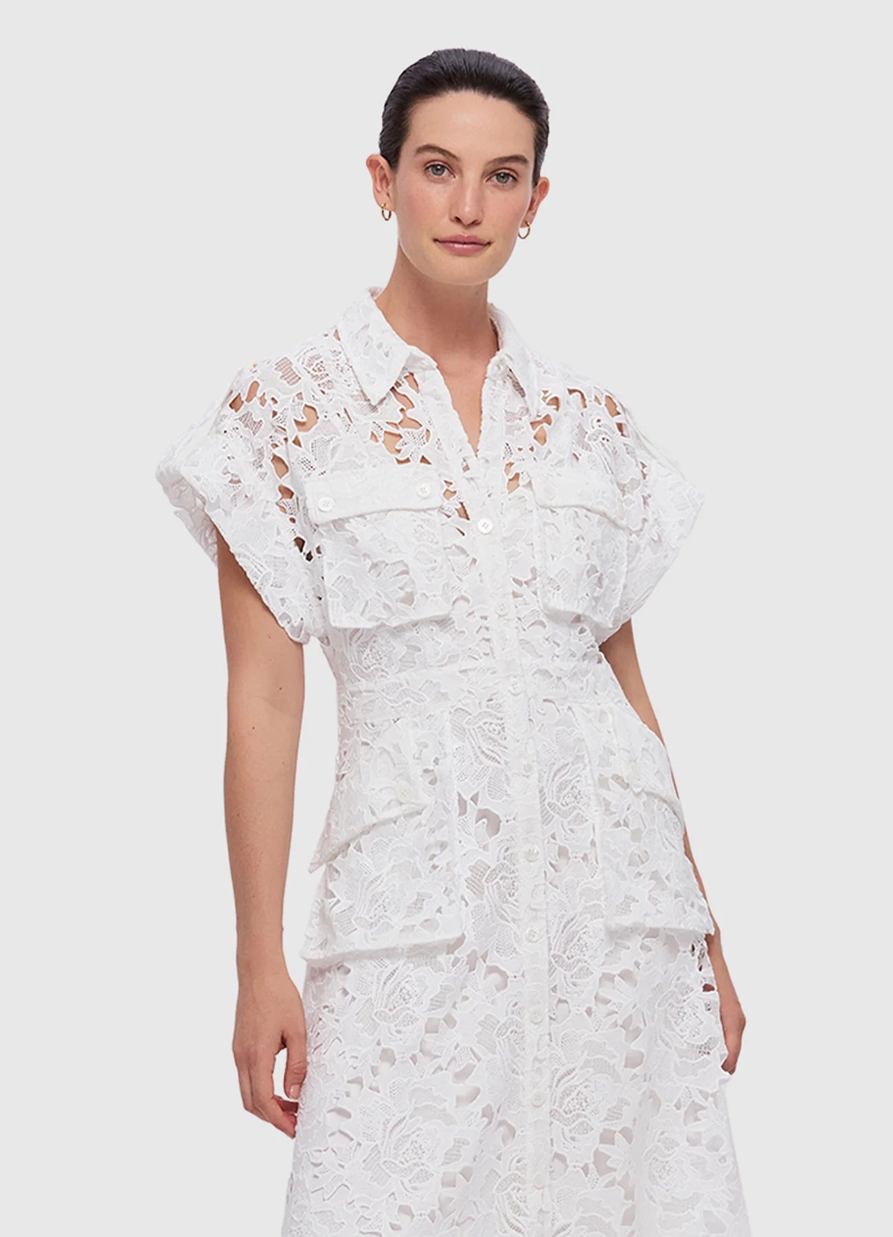 Audrey Lace Pocket Shirt Midi Dress - Snow