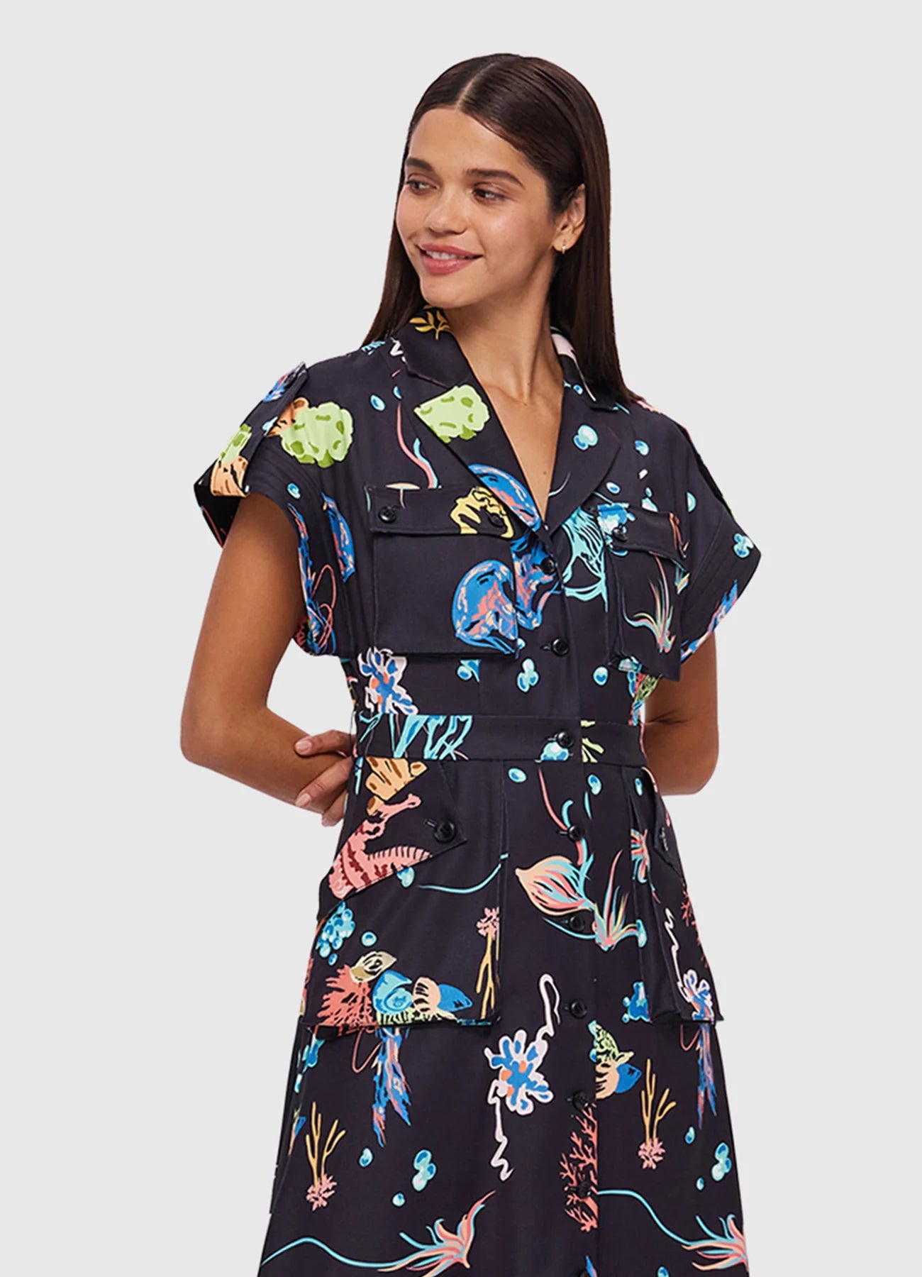 Audrey Pocket Shirt Midi Dress - Twilight Print In Black