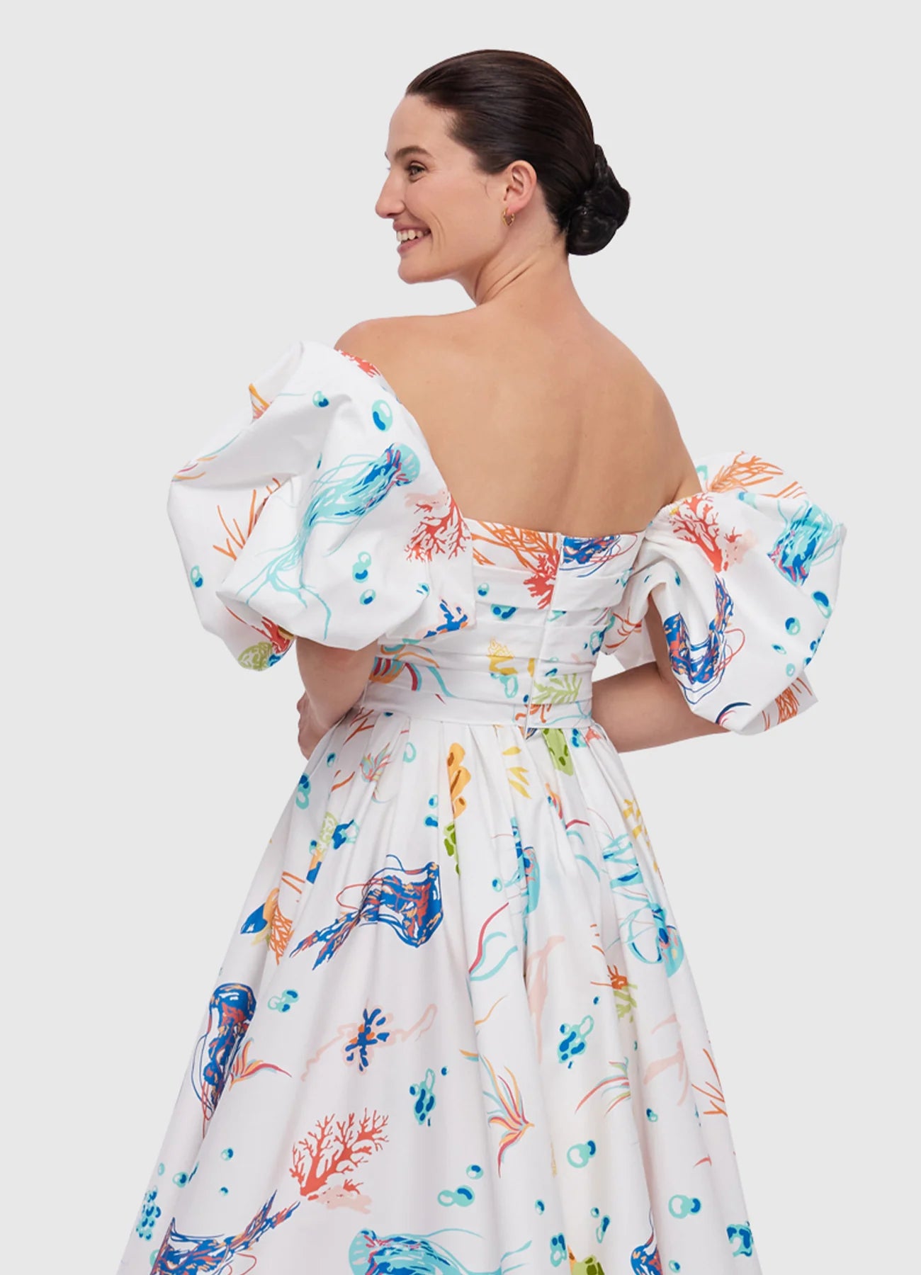 Matilda Puff Sleeve Midi Dress - Twilight Print in White
