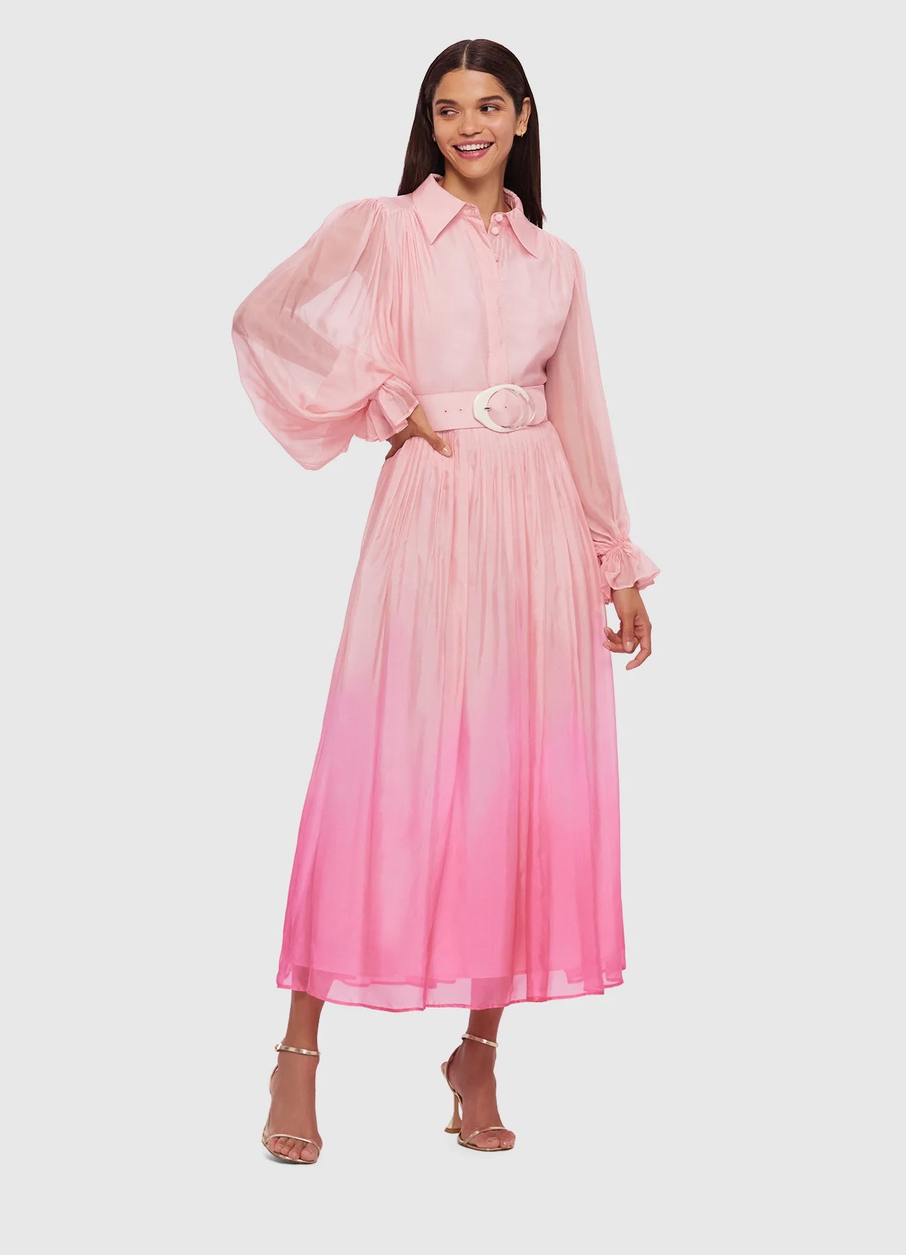Cassie Tie Neck Midi Dress - Ombre Pink