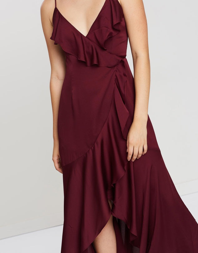 Luxe Bias Frill Wrap Dress - Garnet