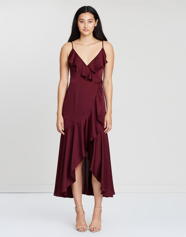 Luxe Bias Frill Wrap Dress - Garnet
