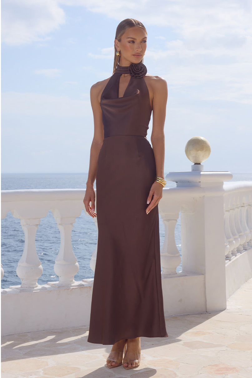 Estelle Cowl Halter Maxi Dress - Bitter Chocolate
