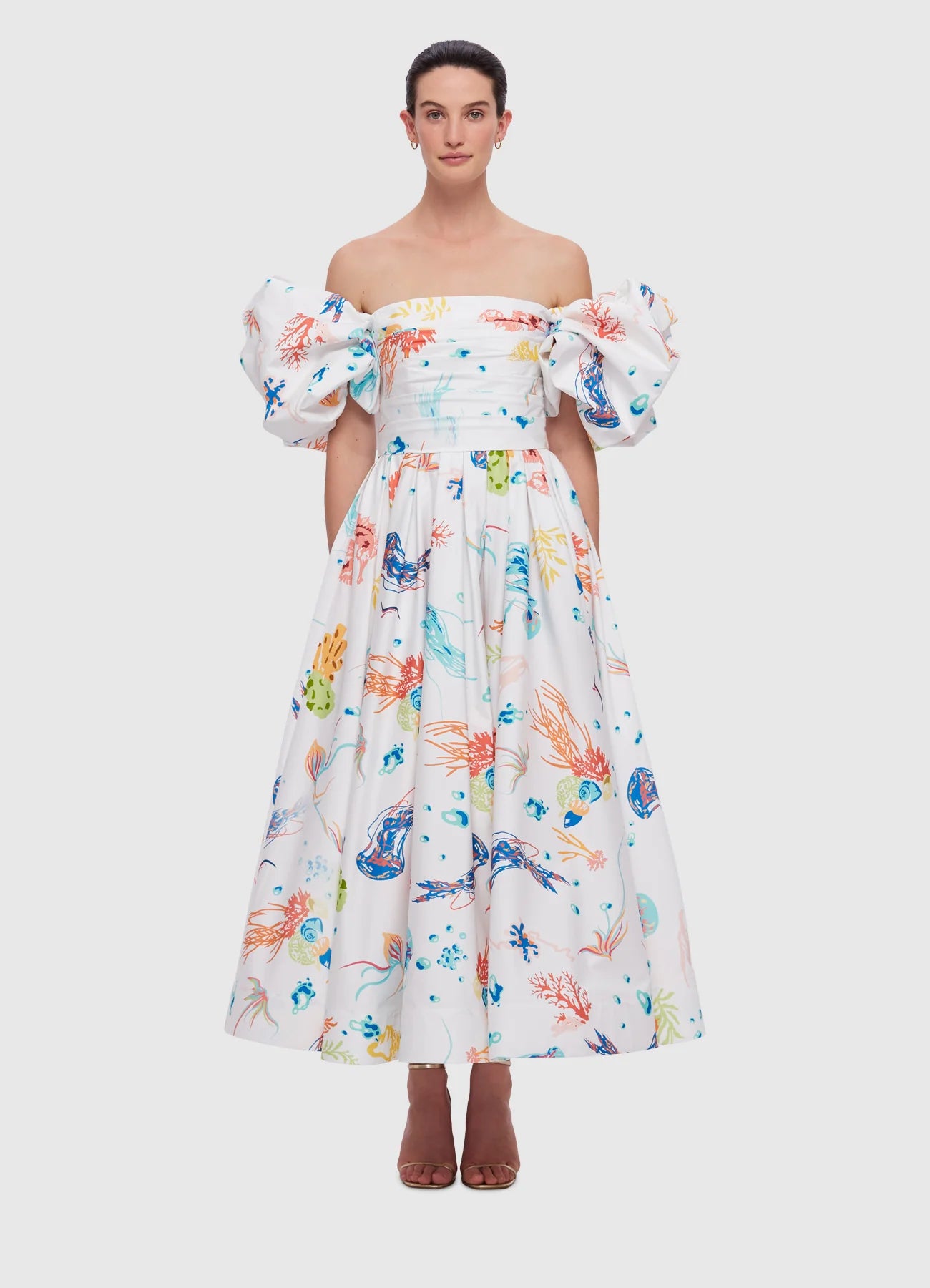 Matilda Puff Sleeve Midi Dress - Twilight Print in White