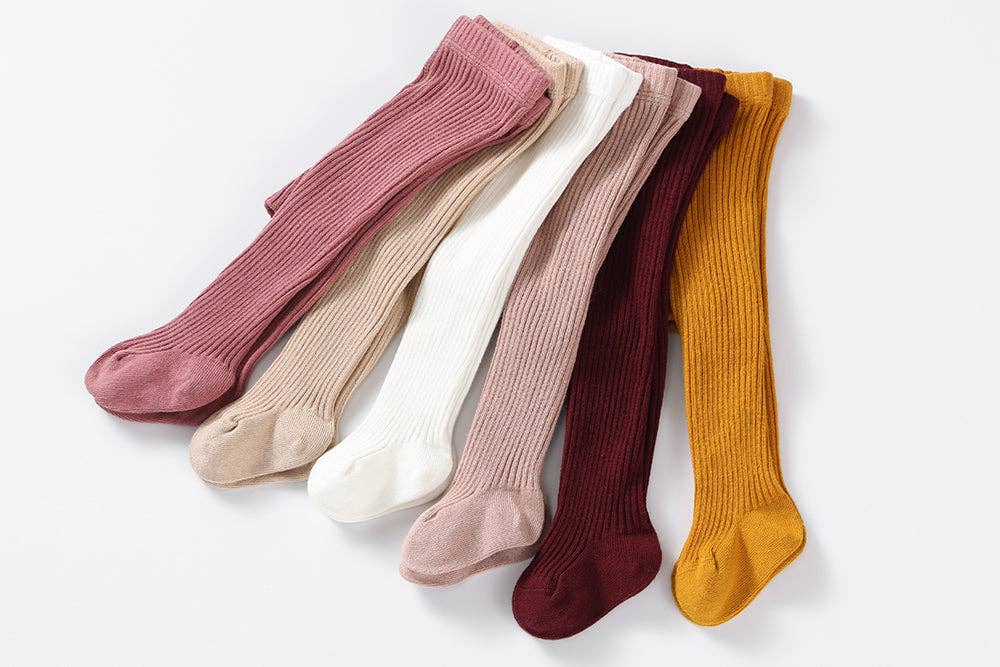 Classic Cotton Ribbed Tights - White & Beige