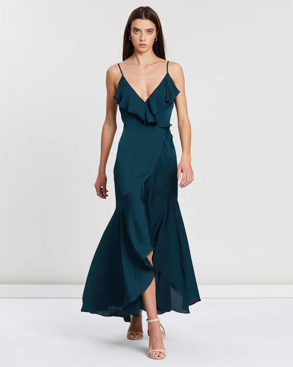 Luxe Bias Frill Wrap Dress - Emerald