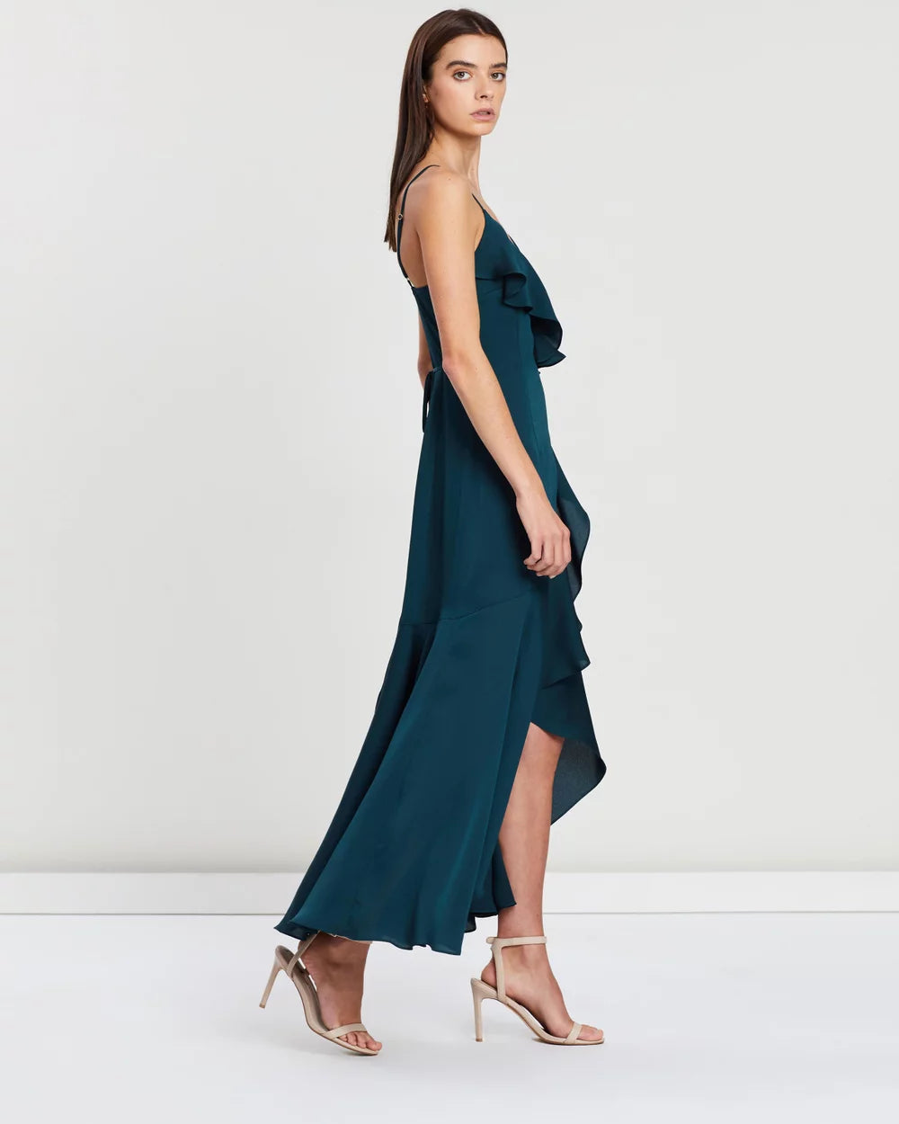 Luxe Bias Frill Wrap Dress - Emerald
