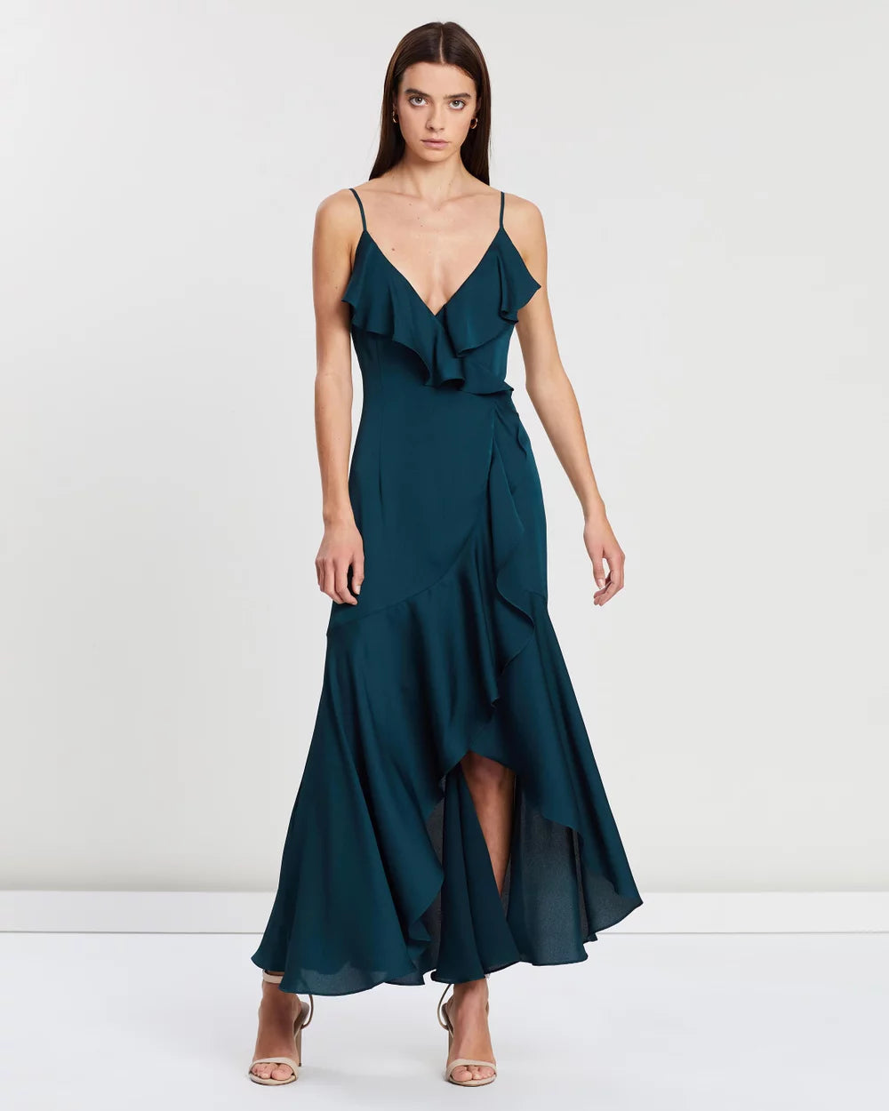Luxe Bias Frill Wrap Dress - Emerald