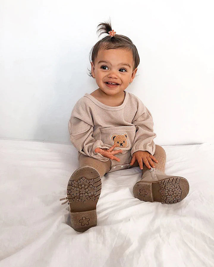Unisex Bear Waffle Knit Romper - Brown