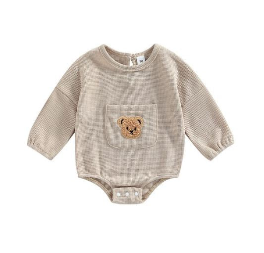 Unisex Bear Waffle Knit Romper - Brown
