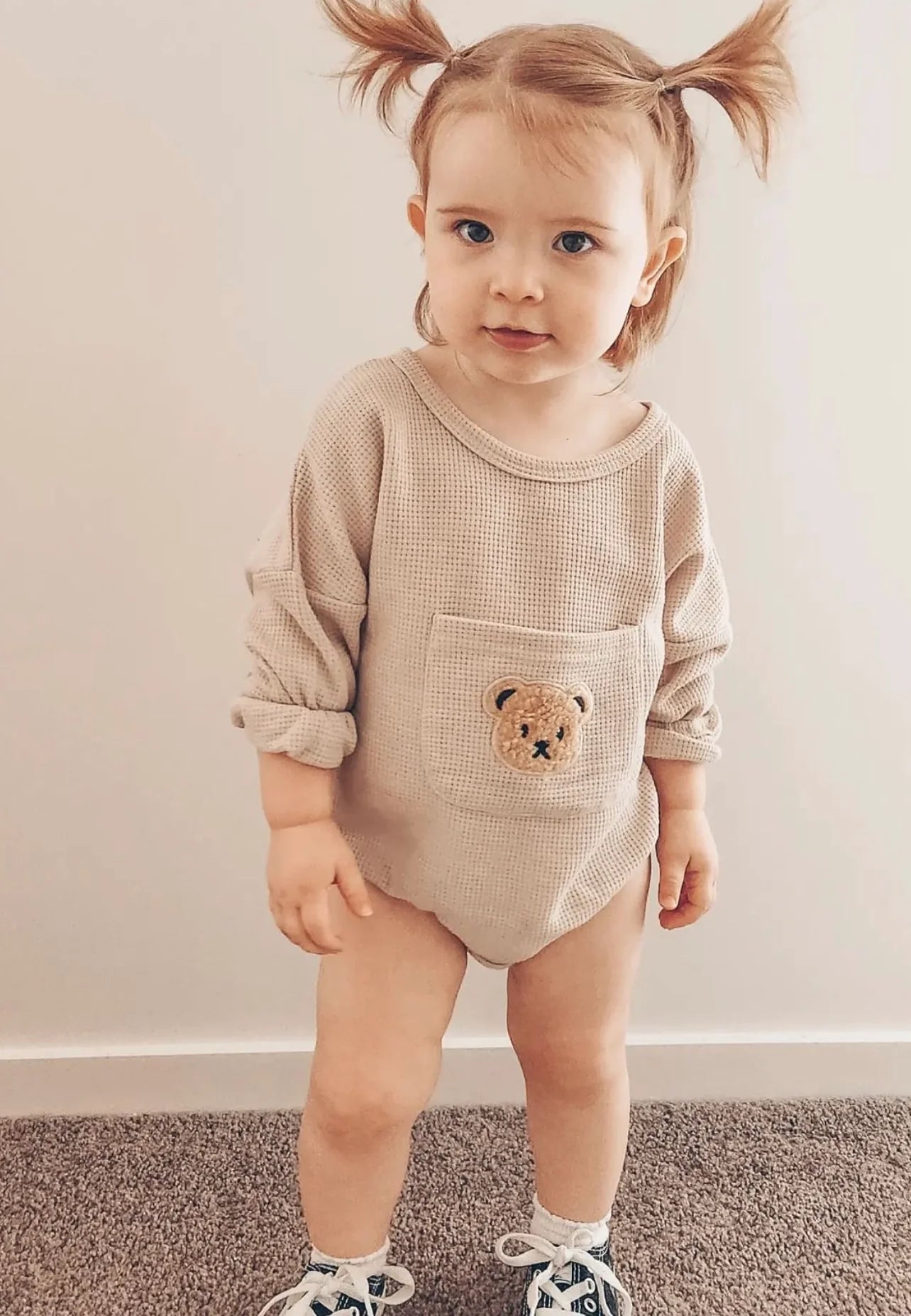 Unisex Bear Waffle Knit Romper - Brown