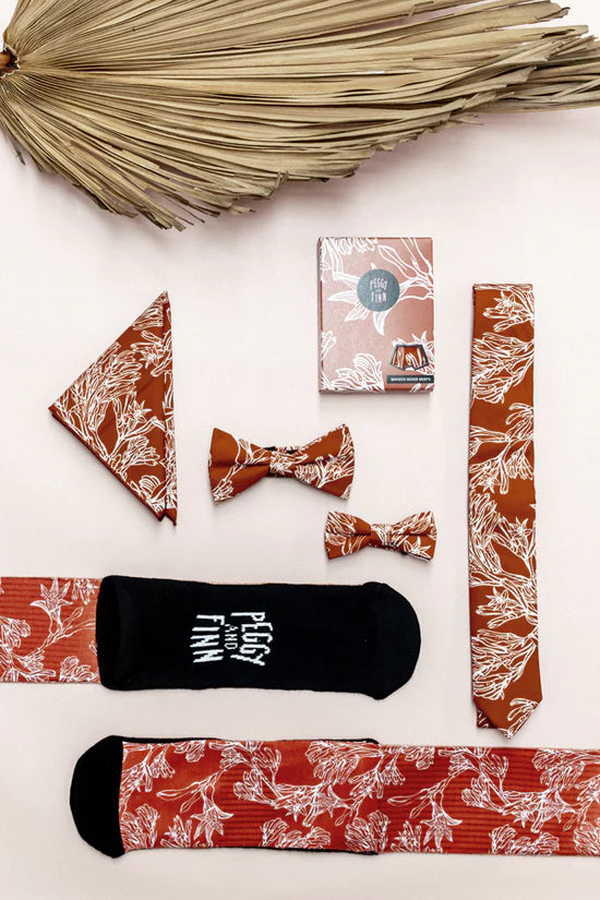 Mens Accessories (Tie, Adult & Kids Bowties, Pocket Square, Socks) - Burnt Orange Kangaroo Paw