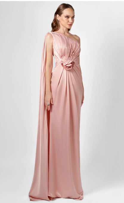 Justine One Shoulder Removable Cape Gown - Pink