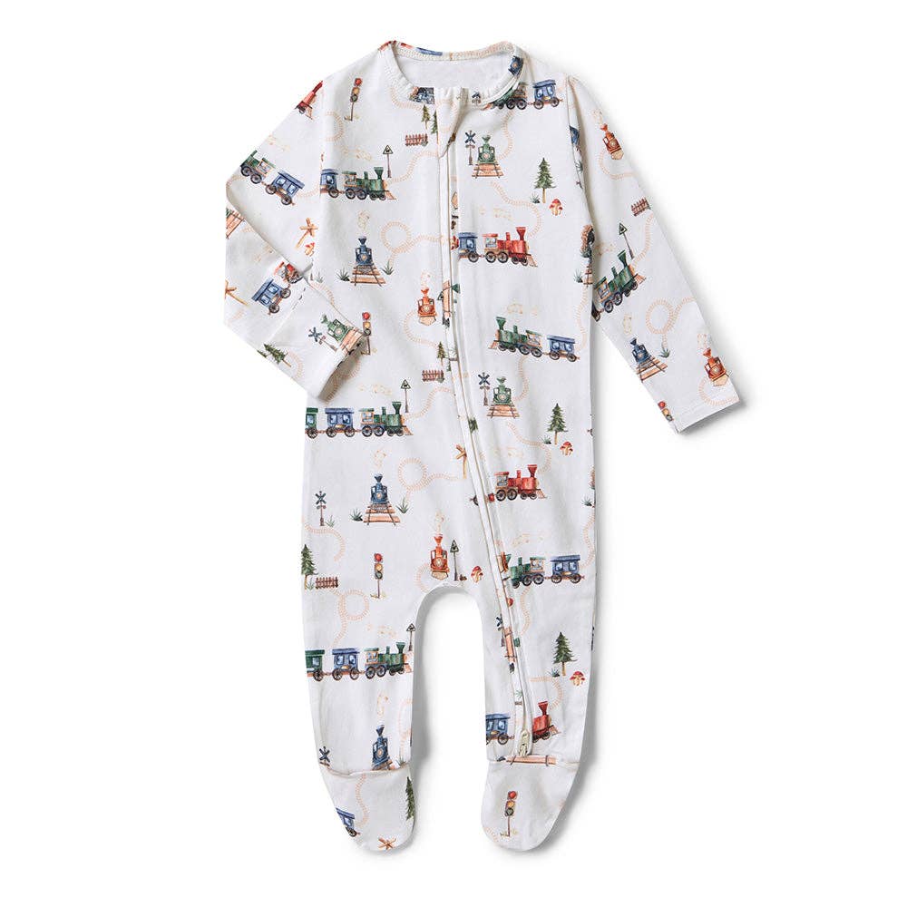 Trains Organic Snuggle Sleepsuit Zip Footie