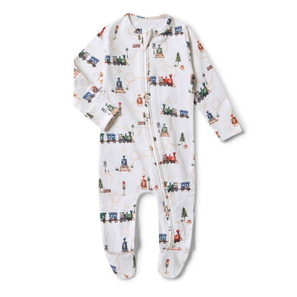 Trains Organic Snuggle Sleepsuit Zip Footie