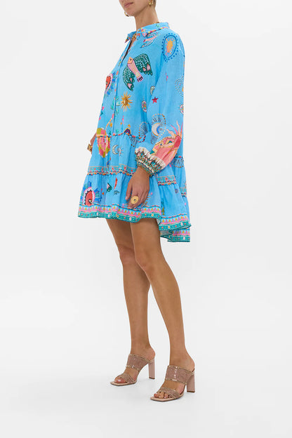 A Painted Village Long Sleeve Tiered Short Dress