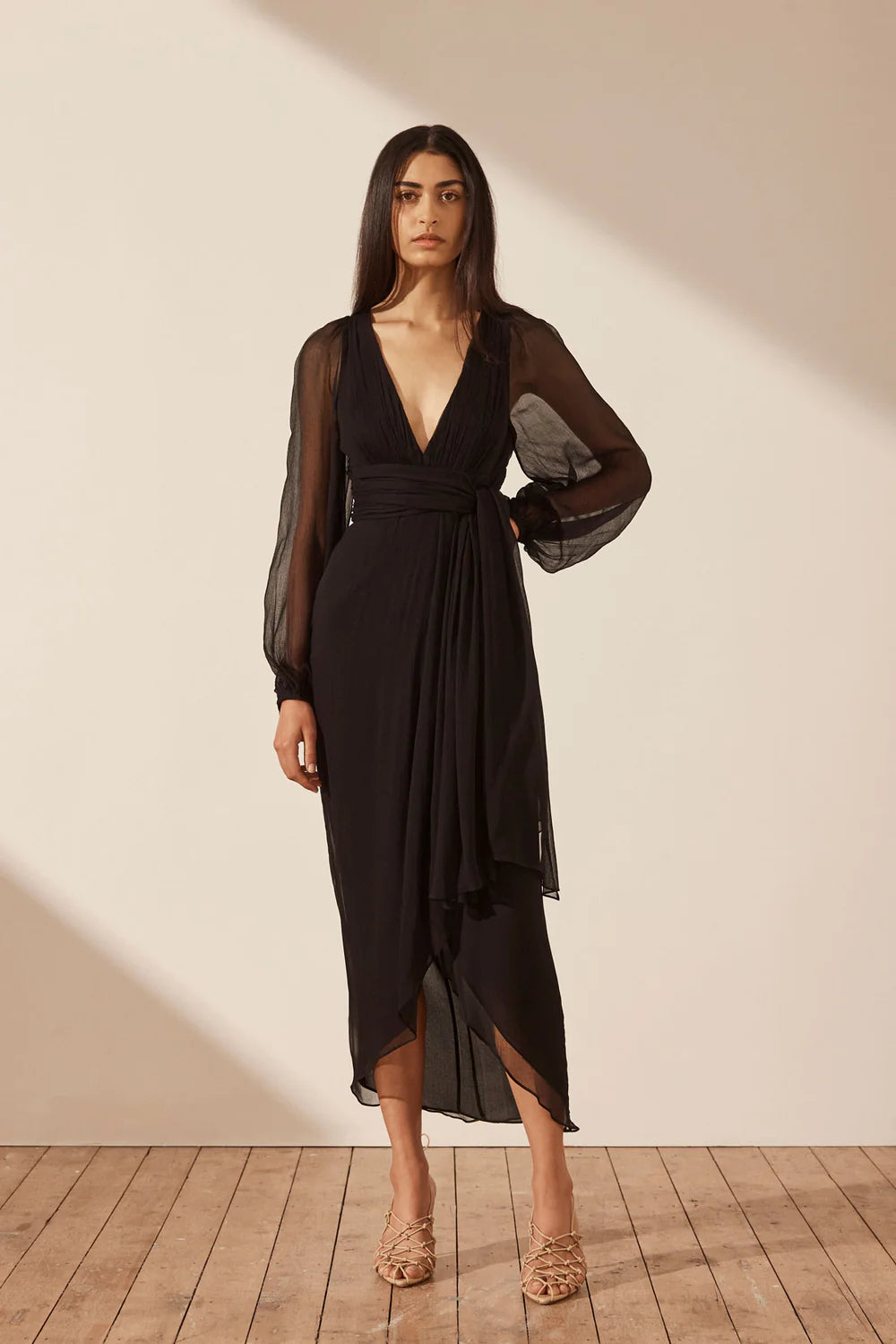 Isola Plunged Long Sleeve Midi Dress - Black