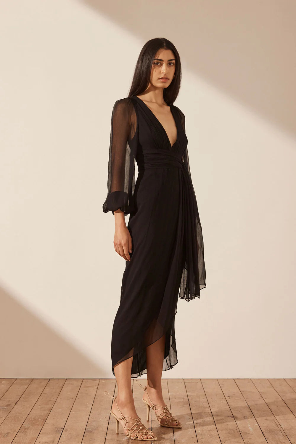 Isola Plunged Long Sleeve Midi Dress - Black