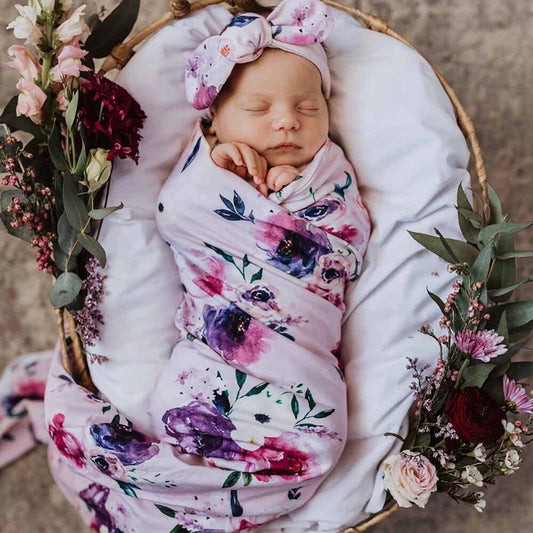 Floral Kiss Baby Jersey Wrap & Topknot Set