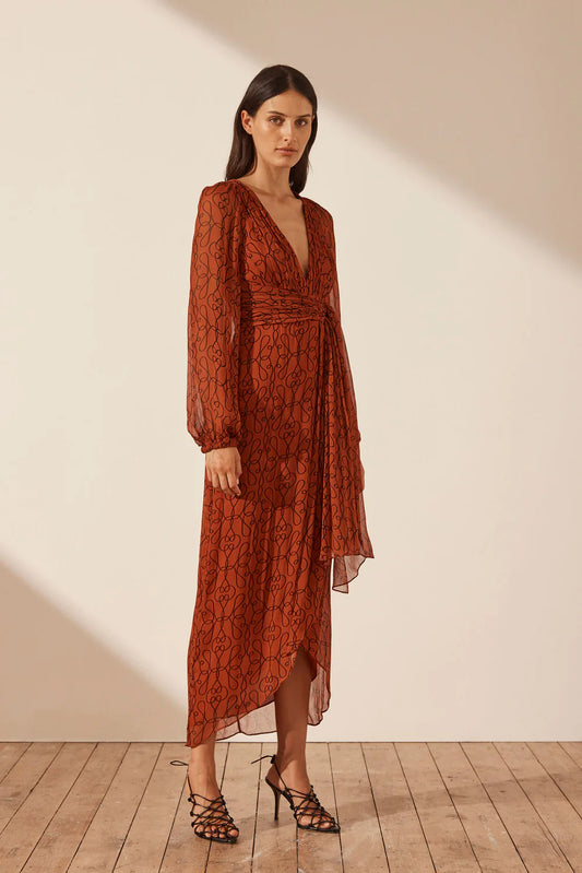 Belvedere Long Sleeve V Neck Midi Dress | Tree Green/Multi | Dresses |  Shona Joy