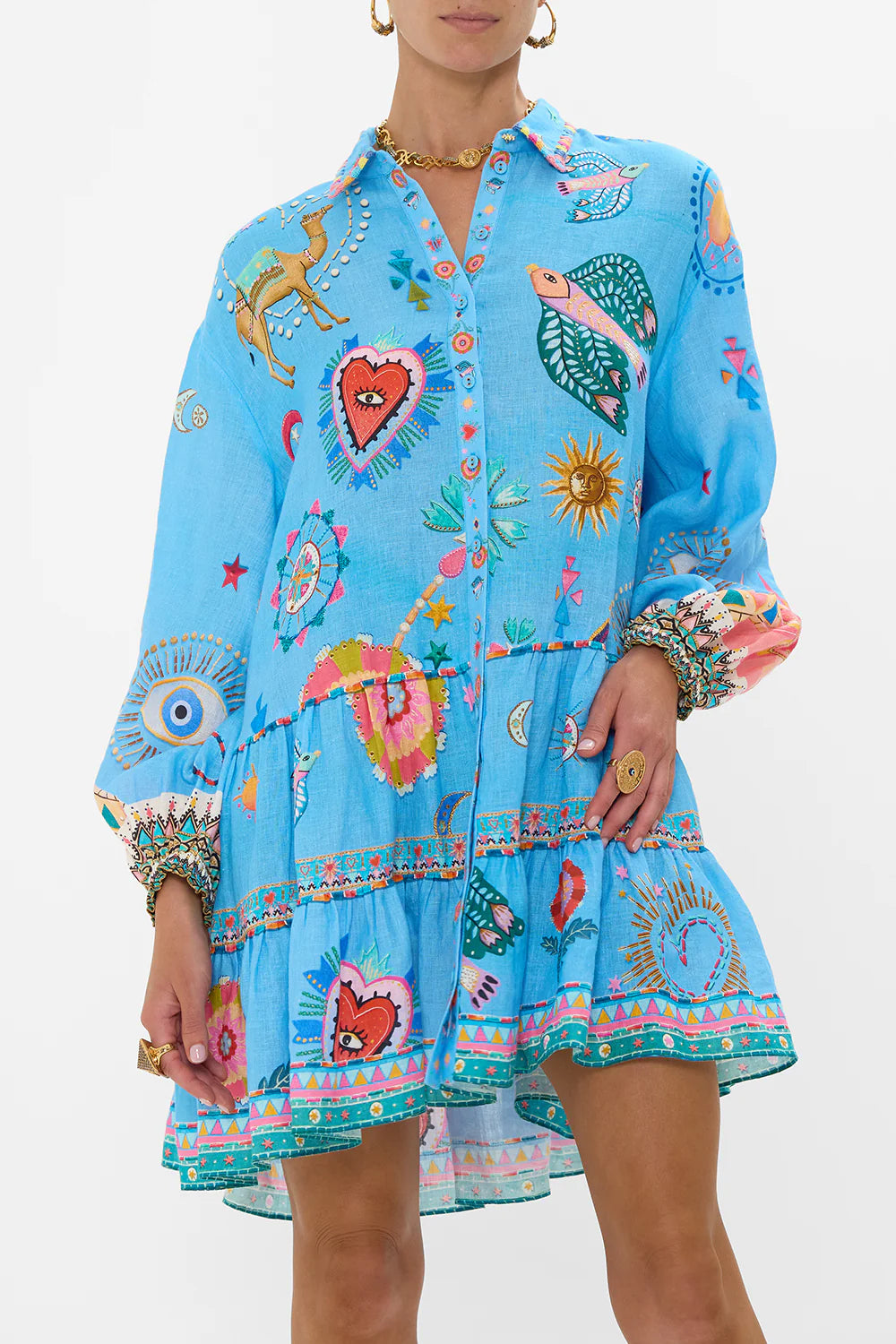 A Painted Village Long Sleeve Tiered Short Dress