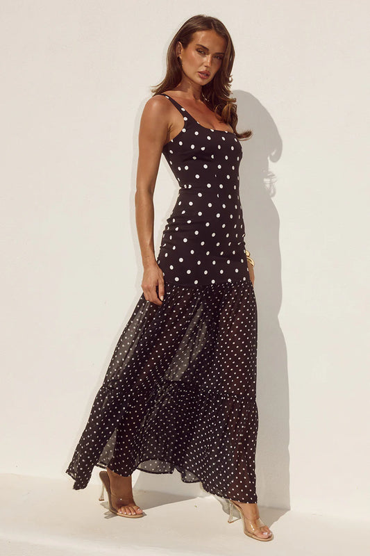 Tillie Sheer Bottom Maxi Dress - Black/White Polka