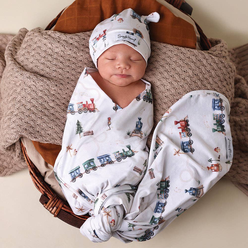 Trains Organic Jersey Wrap & Beanie Set