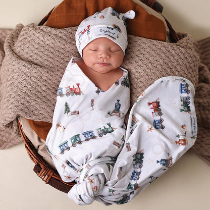 Trains Organic Jersey Wrap & Beanie Set