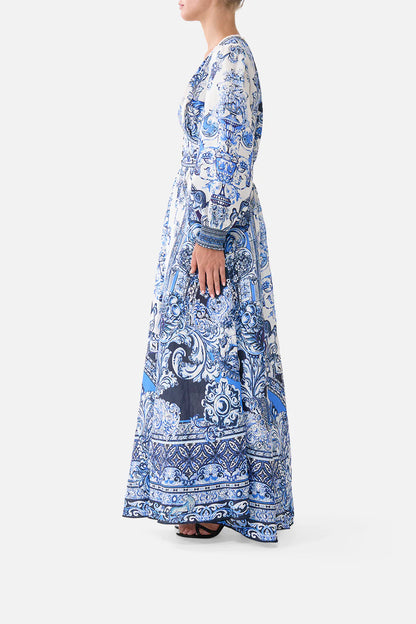 Button Dress With Shaped Waistband - A Tiled Wonderland