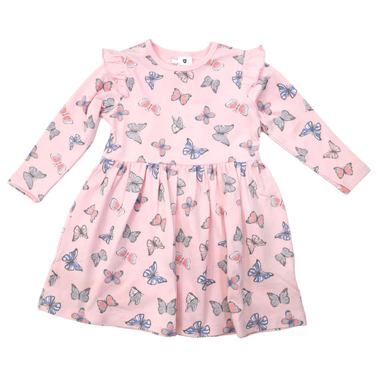 Butterfly Print Long Sleeve Dress - Fairytale Pink