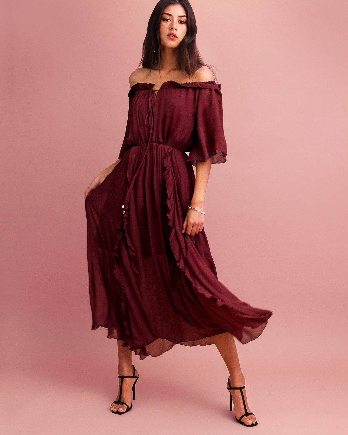 Amour Amour Ruffled Midi Dress - Merlot