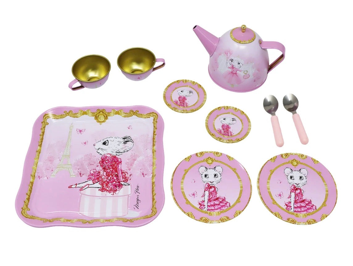 Claris The Chicest Mouse in Paris 11 Piece Tea Set with Woven Basket Limited Edition
