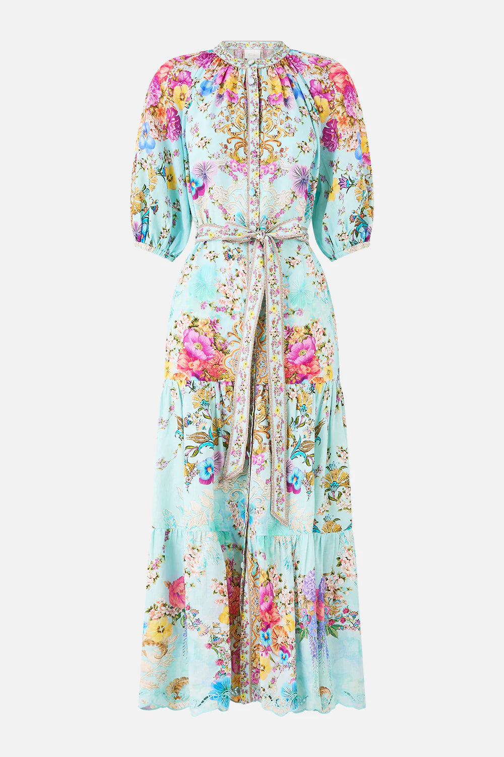 Puff Sleeve Midi Shirt Dress With Tie Bazaar Blooms