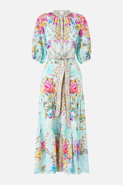 Puff Sleeve Midi Shirt Dress With Tie Bazaar Blooms