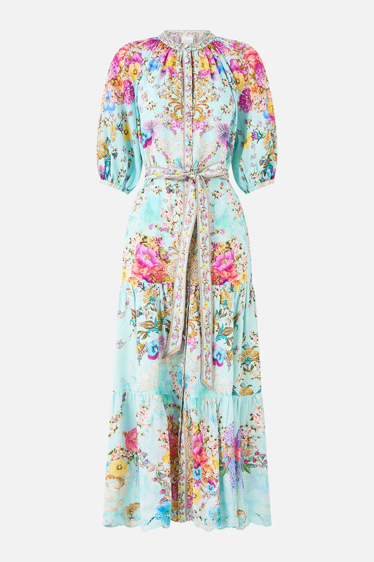 Puff Sleeve Midi Shirt Dress With Tie Bazaar Blooms
