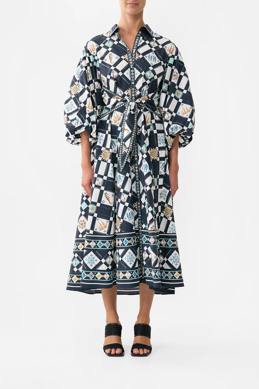 Waist Tie Shirt Dress With Bubble Sleeve Folk Afloat