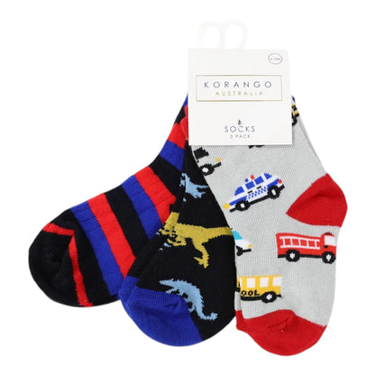 Cars & Dinosaurs Socks - 3 Pack Assorted