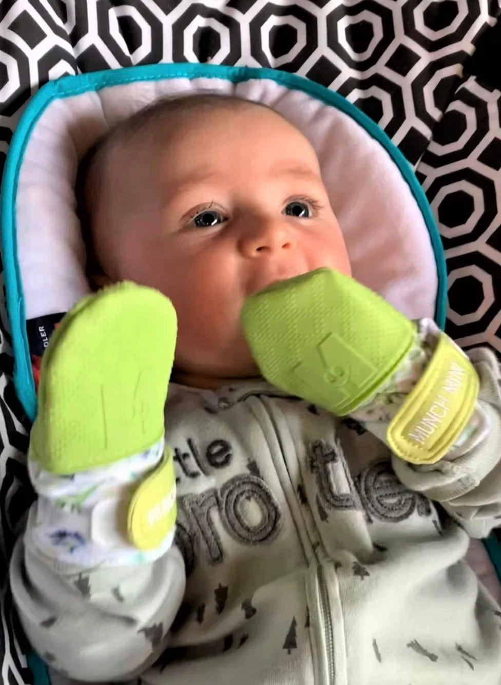 Munch Minis Teething and Anti Scratch Mitts - Green Dino