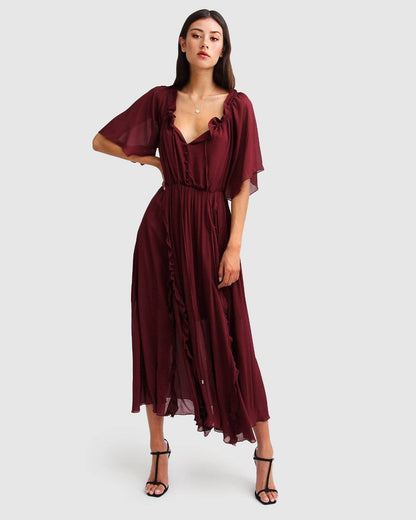 Amour Amour Ruffled Midi Dress - Merlot